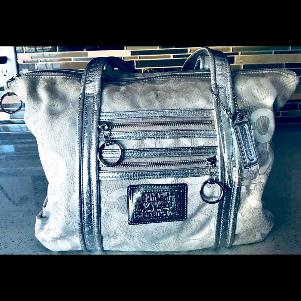 Silver color Coach tote bag with dust bag